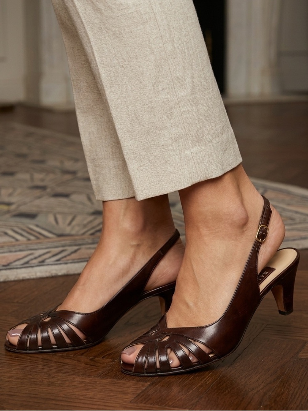 BALLY Vintage Dark Brown Leather Peep Toe Slingback Heels With Gold Detail, 7.5
